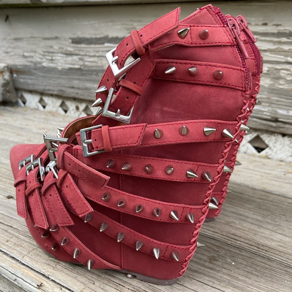 Jeffrey Campbell Zip-2 Stud Brick Red Nubuck Leather Wedge Shoes Women's Size 6 - Picture 6 of 14